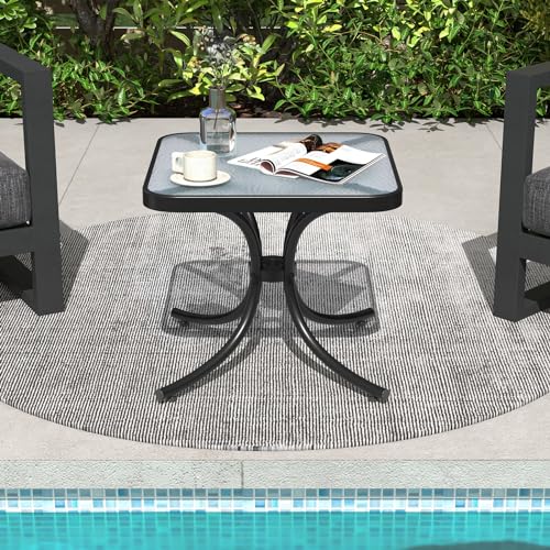 Giantex Small Outdoor Side Table with Tempered Glass Top, Heavy-Duty Metal Frame, 110 Lbs Capacity, Square Patio Table for Balcony, Porch, Backyard, Deck, Black