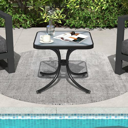 Giantex Small Outdoor Side Table with Tempered Glass Top, Heavy-Duty Metal Frame, 110 Lbs Capacity, Square Patio Table for Balcony, Porch, Backyard, Deck, Black