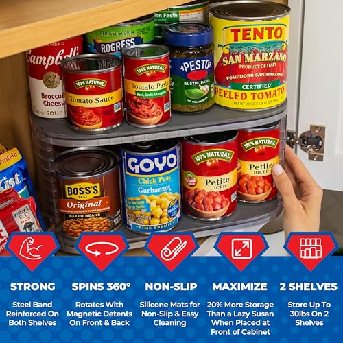 Mighty Susan 2-Tier Lazy Susan Pantry Organizer – Steel Reinforced Turntable for Kitchen Cabinets & Pantry Storage – Heavy-Duty Can Organizer Holds Up to 30 lbs – Rotates 360° – Includes 2 Bonus Bins - size: Mighty Susan 2-Tiered