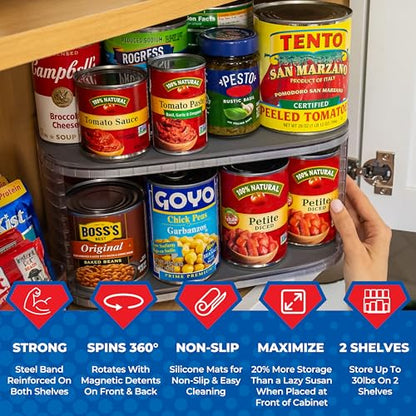 Mighty Susan 2-Tier Lazy Susan Pantry Organizer – Steel Reinforced Turntable for Kitchen Cabinets & Pantry Storage – Heavy-Duty Can Organizer Holds Up to 30 lbs – Rotates 360° – Includes 2 Bonus Bins - size: Mighty Susan 2-Tiered