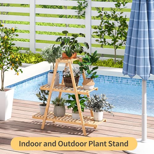 Bamboo Plant Stand - Indoor/Outdoor 3 Tier Plant Ladder, 8 Potted Flower Holder, Natural - color: Natural