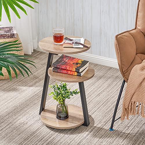 BEWISHOME Small Round Side Table, End Table with Storage Shelves, Greige | Metal Frame, 3-Tier Shelves, Nightstand Bedside Table, Small Couch Coffee Table, KTZ41G - color: Greige, size: without PowerOutlet
