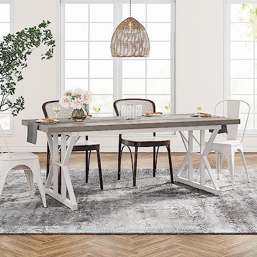 Tribesigns Farmhouse Dining Table for 6 People, 70.8-Inch Rectangular Wood Dining Table, Rustic Kitchen Table with Heavy Duty Metal Legs for Dining Room(Grey) - color: Grey/White