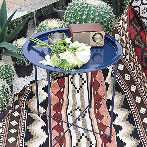 Garden 4 you End Table 2 PCS Metal Side Table Dark Blue Round Folding Tray Cyan Sofa Small Accent Fold-able Table, Round End Table Tray, Next to Sofa Table, Snack Table for Living Room and Bed Room - color: Dark Blue