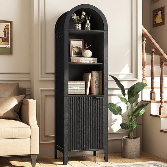 Yusong 67" Tall Narrow Arched Bookshelf, 4-Tier Bookcase with Adjustable Shelves＆ Closed Door, Farmhouse Pantry Cabinet, Display Shel for Living Dining Room Bedroom Kitchen (Black) - color: Black, size: 67" H
