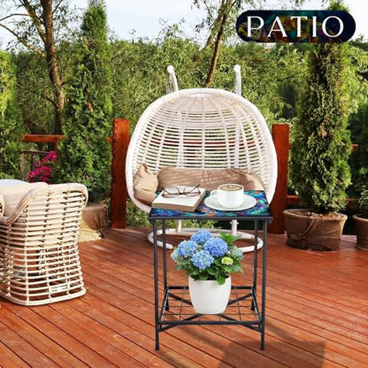 Cinnvoice Outdoor Side Table 2-Tier Storage Square Small Mosaic Patio Accent Indoor End Plant Coffee Tea Table for Yard Patio Porch Garden Living Room, Bedroom(Turtle Style) - style: Turtle Style