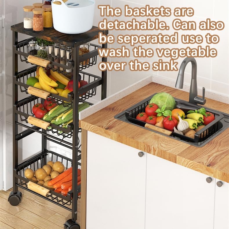 CarolynDesign 5 Tier Metal Wire Basket Cart on Wheels, Stackable Storage Bins for Kitchen, Living Room, Bedroom, Bathroom, Free Stand Vegetable Fruit Racks with Pull Out Drawers
