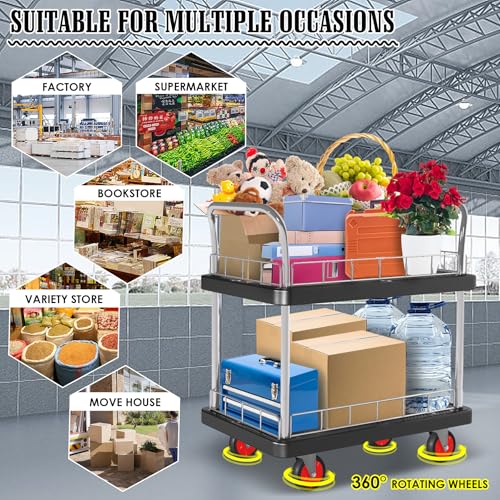 2 Shelf Utility Service Cart- 660lbs Capacity Heavy-Duty Plastic Rolling Utility Carts with 4 of 360° Swivel Wheels and Handle, Large Service Cart for Groceries,Warehouse,Garage 34.6''x 22.8'' - color: 660lbs Capacity