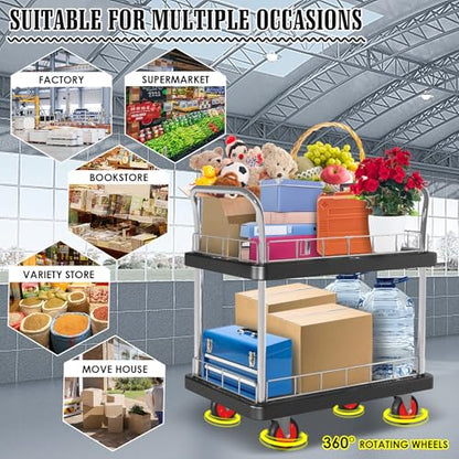 2 Shelf Utility Service Cart- 660lbs Capacity Heavy-Duty Plastic Rolling Utility Carts with 4 of 360° Swivel Wheels and Handle, Large Service Cart for Groceries,Warehouse,Garage 34.6''x 22.8'' - color: 660lbs Capacity