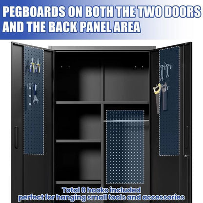 71'' Metal Garage Storage Cabinet with Wheels & Hanging Rod,Black Lockable Tool Cabinets with Pegboard & Adjustable Shelves,Heavy Duty Steel Tall Cabinets for Garage Warehouse Basement Broom - color: Black, style: 71"H 2 doors with Rod & wheels