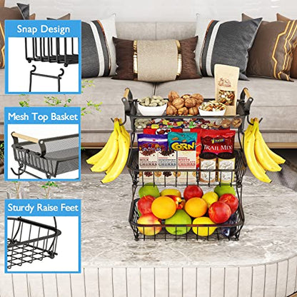 ANTOPY 3 Tier Fruit Basket with 2 Banana Hangers, Countertop Fruit Vegetable Basket Bowl for Kitchen Counter Metal Mesh Basket Fruits Stand Produce Holder Organizer for Onion Potato Bread Snack Veggie - color: Black (3 Tier with Banana Hangers & Mesh Top)