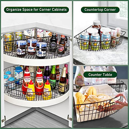 Leeden Lazy Susan Wire Storage Organizer Basket with Handle-Metal Cabinet Storage Bins -Kitchen Cabinet Organizer-1/4 Wedge Can Organizer Black (for 24" Lazy Susan, 4 Pack)