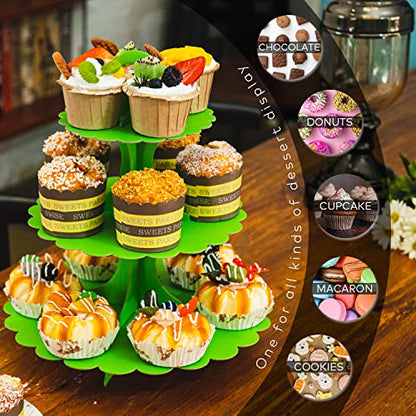 3-Tier Green Cupcake Stand 2-Pack, Premium Matte Finish, Easy 60-Second Assembly Heart Handle Design Dessert Tower for Christmas Thanksgiving Easter Graduation Wedding - color: Green 2 Pack