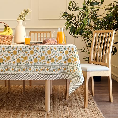 Encasa XO Square Tablecloth 60"x60" 5 ft Yellow Jaipuri Block Print Cotton Dining Table Cloth | Handcrafted Floral tablecloths – Machine Washable for Indoor, Outdoor, Everyday Use - color: Yellow, size: 60" x 60" (Square)