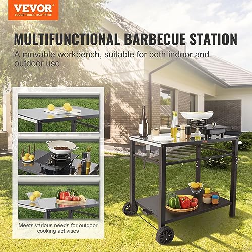 VEVOR Outdoor Grill Cart with Double-Shelf, BBQ Movable Food Prep Table with PVC Placemat, Black Iron Table Top, Portable Modular Carts for Pizza Oven, Worktable with 2 Wheels, Carry Handle - size: 21.7"D x 33.5"W x 32.9"H, style: Iron Table Top