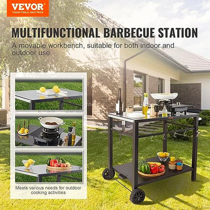 VEVOR Outdoor Grill Cart with Double-Shelf, BBQ Movable Food Prep Table with PVC Placemat, Black Iron Table Top, Portable Modular Carts for Pizza Oven, Worktable with 2 Wheels, Carry Handle - size: 21.7"D x 33.5"W x 32.9"H, style: Iron Table Top