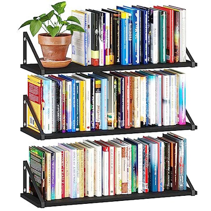 BAMEOS 24X8 Floating Shelves Rustic Wood Wall Shelf Set of 3,Bookshelf for Living Room, Office, and Bedroom, with Metal Bracket… - style: 3 pack Black 24"W 8"D