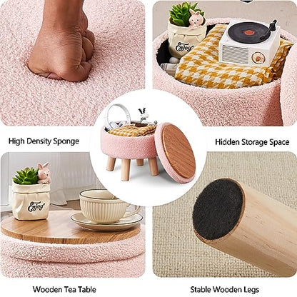 Wimarsbon Storage Ottoman, Modern Round Footrest with Soft Padded Seat, Teddy Velvet Footstool with Wood Legs, Accent Small Table or Plant Stand for Hallway, Living Room (Pink) - color: Pink