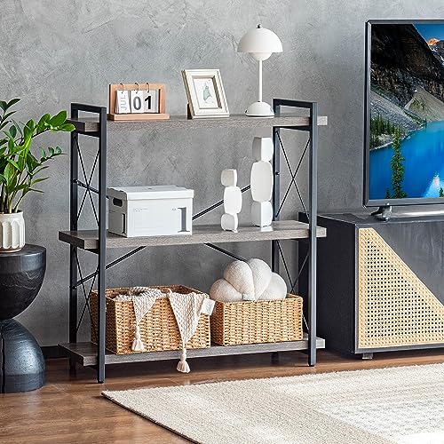 HCHQHS Bookshelf, 3-Tier Industrial Bookcase, Rustic Open Book Shelf, Freestanding Horizontal Bookshelves with Metal Frame - color: Grey, size: 3-Tier (35.8"W x 35.8"H)