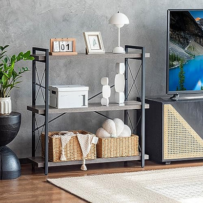 HCHQHS Bookshelf, 3-Tier Industrial Bookcase, Rustic Open Book Shelf, Freestanding Horizontal Bookshelves with Metal Frame - color: Grey, size: 3-Tier (35.8"W x 35.8"H)