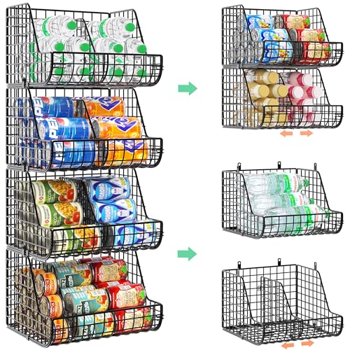 Stackable Soda Can Organizer Stores Up to 72 Cans, 4-Pack Can Storage Organizer for Pantry Shelves, 4-Tier Kitchen Can Holders with 4 Adjustable Dividers, Wire Drink Organizer for Pantry Cabinet Shelf - size: 4-Pack