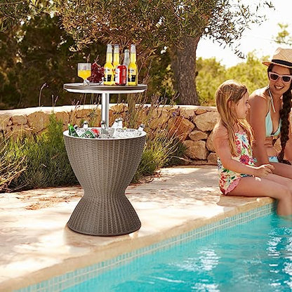 Tangkula Outdoor Cool Bar Table, Rattan Style Patio 8 Gallon Beer and Wine Cooler, All-Weather Ice Bucket w/Height Adjustable Top, Drainage Plug, 3-in-1 Cocktail Coffee Table for Party, Pool (Coffee) - color: Coffee