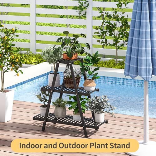 Bamboo Plant Stand Indoor/Outdoor, 3-Tier, Black, Rectangular, 8 Potted Flower Holder Ladder Plant Rack - color: Black