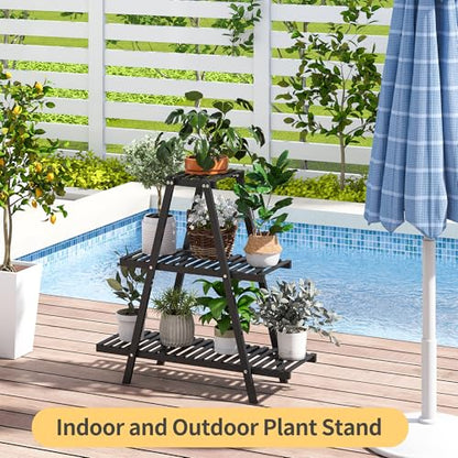 Bamboo Plant Stand Indoor/Outdoor, 3-Tier, Black, Rectangular, 8 Potted Flower Holder Ladder Plant Rack - color: Black