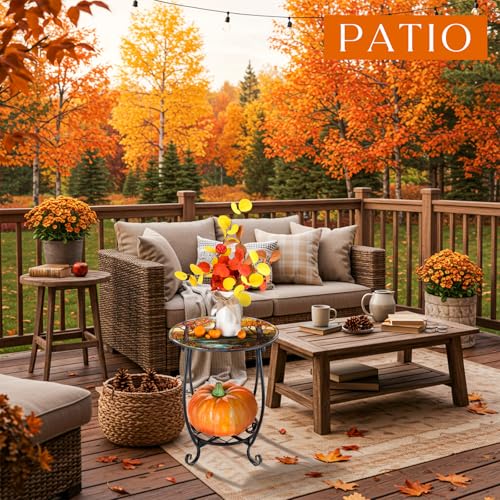 Cinnvoice Outdoor Side Table Round Small Mosaic Patio Accent Indoor End Plant Coffee Tea Table for Yard Patio Porch Garden Living Room, Bedroom(Fall Style,14 Inch) - size: 14 Inch, style: Fall Style