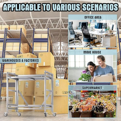2 Shelf Rolling Cart with Wheels, 660lbs Capacity Collapsible Steel Rolling Utility Cart, Heavy-Duty Foldable Workbench, Metal Rolling Storage Cart with Handle for Groceries, Warehouse (36" Lx26 W) - color: Plate 660lbs Capacity