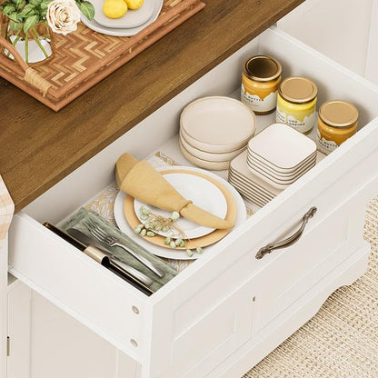 HOSTACK Kitchen Island Cart with Storage, 47'' Kitchen Storage Island on Wheels with 2 Drawers, Rolling Island Table with Adjustable Shelves, Mobile Buffet Sideboard Cabinet for Dining Room, White - style: White + Rustic Brown