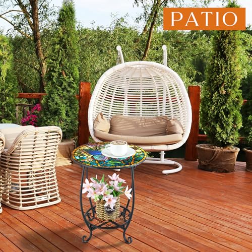 Cinnvoice Outdoor Side Table Round Small Mosaic Patio Accent Indoor End Plant Coffee Tea Table for Yard Patio Porch Garden Living Room, Bedroom(Butterfly Style,14 Inch) - size: 14 Inch, style: Butterfly Style