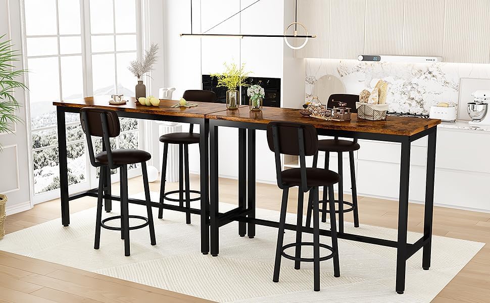 AWQM 47.2" Pub Height Table Set for 4,Kitchen Dining Set with 2 Bar Table Table and 4 PU Leather Stools with Backrest,for Breakfast Nook,Living Room,Small Space,Bar,Rustic Brown & Brown,(2 Set) - color: Rustic Brown
