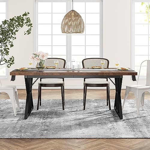 Tribesigns Farmhouse Dining Table for 6 People, 70.8-Inch Rectangular Wood Dining Table, Rustic Kitchen Table with Heavy Duty Metal Legs for Dining Room - color: Brown/Black