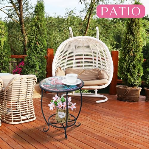 Cinnvoice Outdoor Side Table Round Small Mosaic Patio Accent Indoor End Plant Coffee Tea Table for Yard Patio Porch Garden Living Room, Bedroom(Flamingo Style,14 Inch) - size: 14 Inch, style: Flamingo Style