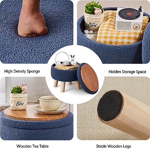 Wimarsbon Storage Ottoman, Modern Round Footrest with Soft Padded Seat, Teddy Velvet Footstool with Wood Legs, Accent Small Table or Plant Stand for Hallway, Living Room (Grey-Blue) - color: Dark Grey Blue