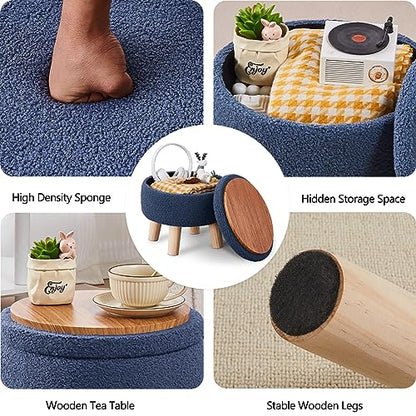 Wimarsbon Storage Ottoman, Modern Round Footrest with Soft Padded Seat, Teddy Velvet Footstool with Wood Legs, Accent Small Table or Plant Stand for Hallway, Living Room (Grey-Blue) - color: Dark Grey Blue