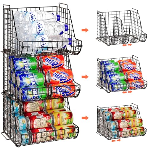 Stacking Can Dispensers 3 Tier with 3 Divider, Large Pantry Can Organizer, Beverage Drink Pop Soda Can Storage Basket, Can Holders for Pantry, Canned Food Rack Wire Bins for Kitchen Cabinet (3-Pack) - size: 3-Pack