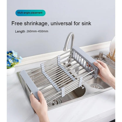 Adjustable Dish Drying Rack with Stainless Steel Drain Basket Over-The-Sink - Portable & Telescopic Space-Saving Solution for Fruit Vegetable
