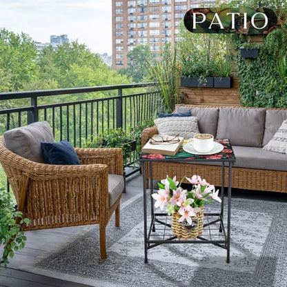 Cinnvoice Outdoor Side Table 2-Tier Storage Square Small Mosaic Patio Accent Indoor End Plant Coffee Tea Table for Yard Patio Porch Garden Living Room, Bedroom(Hummingbird Style) - style: Hummingbird Style