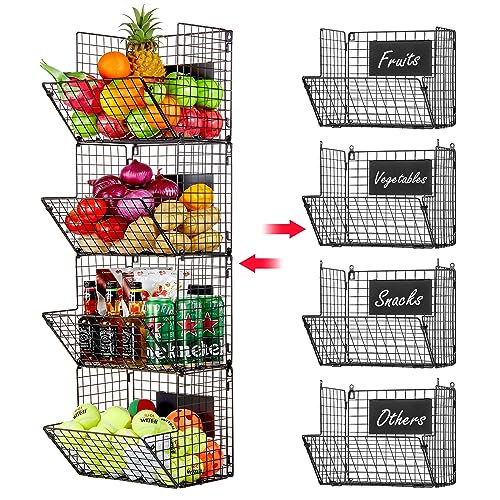X-cosrack Metal Wire Basket Wall Mount, 4 Tier Extra Large Wall Storage Basket Organizer with Chalkboards, Kitchen Fruits and Vegetables Produce Bin Rack Toys Organizer Bathroom Tower Baskets (Black) - color: Black-4 Tiers