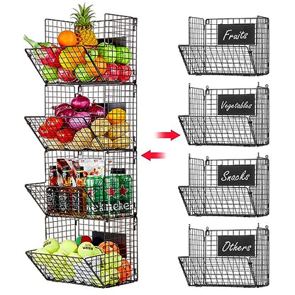 X-cosrack Metal Wire Basket Wall Mount, 4 Tier Extra Large Wall Storage Basket Organizer with Chalkboards, Kitchen Fruits and Vegetables Produce Bin Rack Toys Organizer Bathroom Tower Baskets (Black) - color: Black-4 Tiers