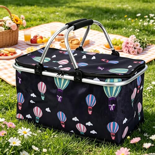 Upgrade Shopping Bag Picnic Basket 2 Layers of Internal Pockets Leak-Proof Insulated Cooler Bag Bag Collapsible Shopping Basket Folding Grocery Basket Bag for Picnic Travel(Black Balloon) - color: Black Balloon