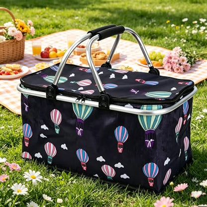 Upgrade Shopping Bag Picnic Basket 2 Layers of Internal Pockets Leak-Proof Insulated Cooler Bag Bag Collapsible Shopping Basket Folding Grocery Basket Bag for Picnic Travel(Black Balloon) - color: Black Balloon