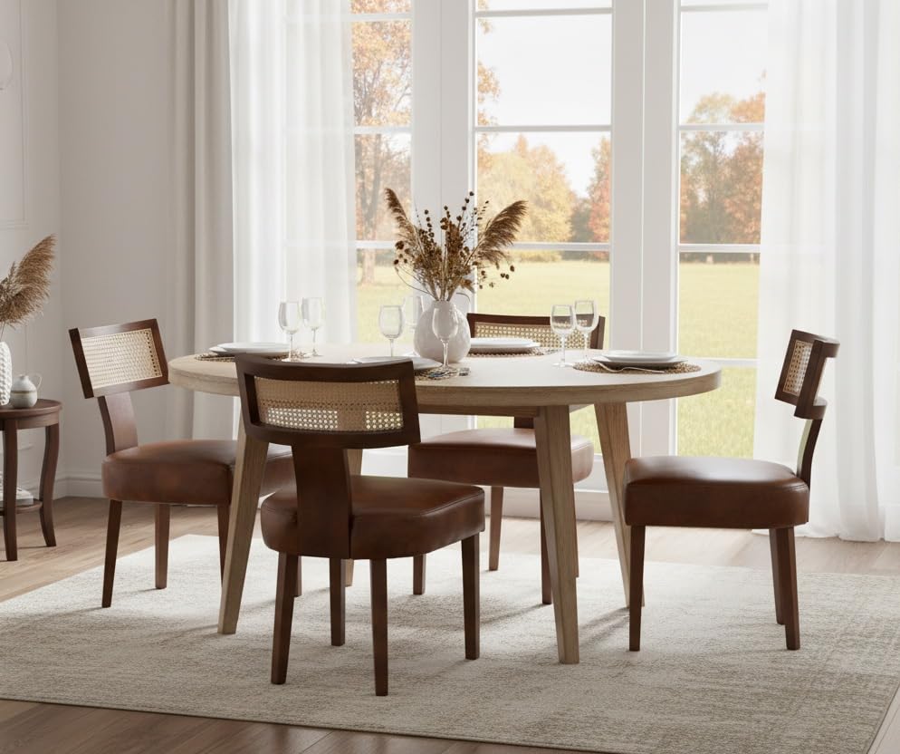 RIVOVA Mid Century Modern Dining Chairs Set of 4 Rattan Kitchen Chairs PU Leather Upholstered Side Chairs, Modern Kitchen Armless Solid Wood Dining Chairs, Brown - color: Brown Rattan