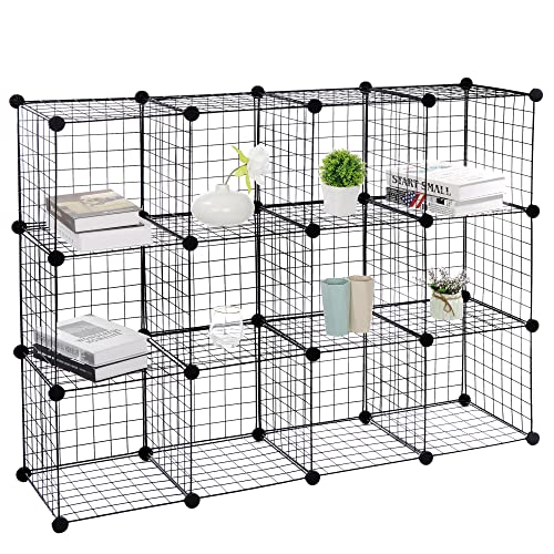 SUPER DEAL Metal Wire Cube Storage Organizer, 12 Cubes DIY Modular Cabinet Bookcase Bookshelf Shoe Rack Stackable Wire Cube Closet for Home, Office, Living Room, Bedroom
