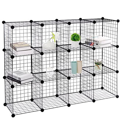 SUPER DEAL Metal Wire Cube Storage Organizer, 12 Cubes DIY Modular Cabinet Bookcase Bookshelf Shoe Rack Stackable Wire Cube Closet for Home, Office, Living Room, Bedroom