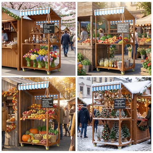 Wooden Farm Stand Cart, Solid Wood Farmers Market Stand with Wood Roof, Heavy Duty Display Table with Lockable Wheels, for Events & Small Business, Light Brown