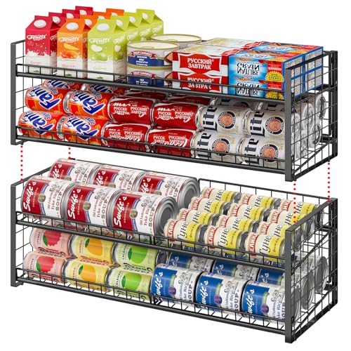 2-Pack Stackable Can Organizer for Pantry Shelf, Adjustable Extra-Long Rolling Can Rack for Kitchen Cupboard Storage, Sturdy Standing Can Holder for Canned Food Goods Soda up to 100, 2 Tier, Black