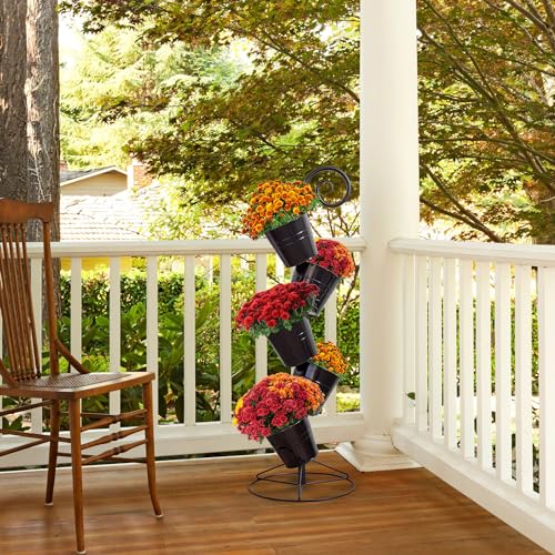 Esterno Hanging Flower Pot Tiered Stand (Black), Metal Outdoor Stacking Planter - color: Black